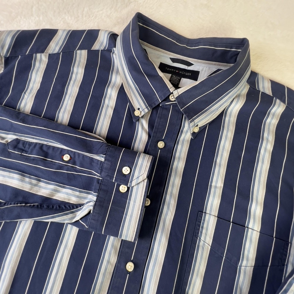 Tommy Hilfiger Shirt Mens‎ 2XL Blue Striped Button Down Long Sleeve Cotton